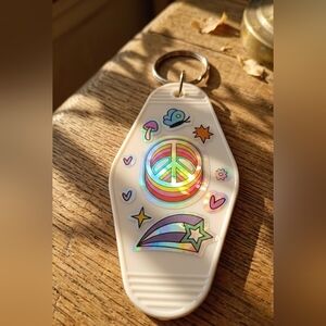 Handmade Holographic Peace Sign Retro Motel Key Tag Keychain UV Resin Mod Podge